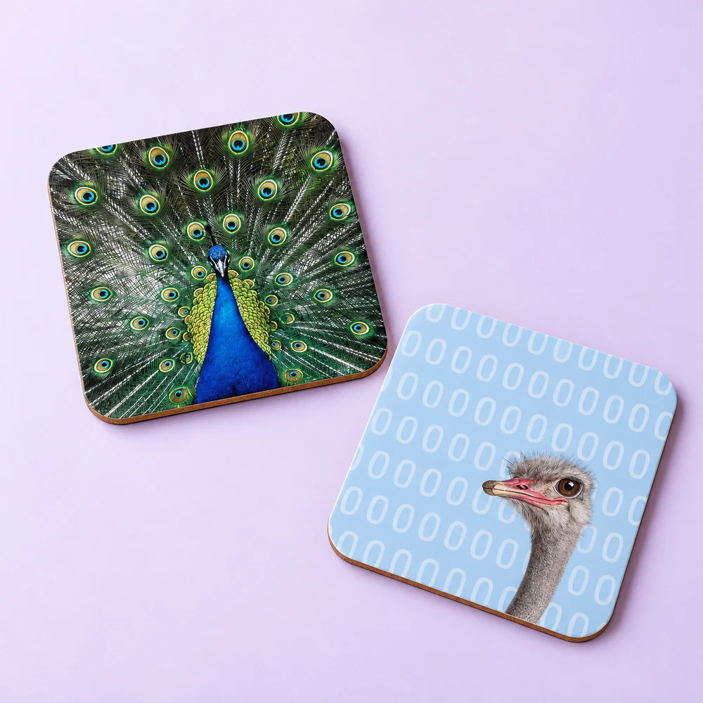 Peacock and ostrich coasters with colorful bird designs