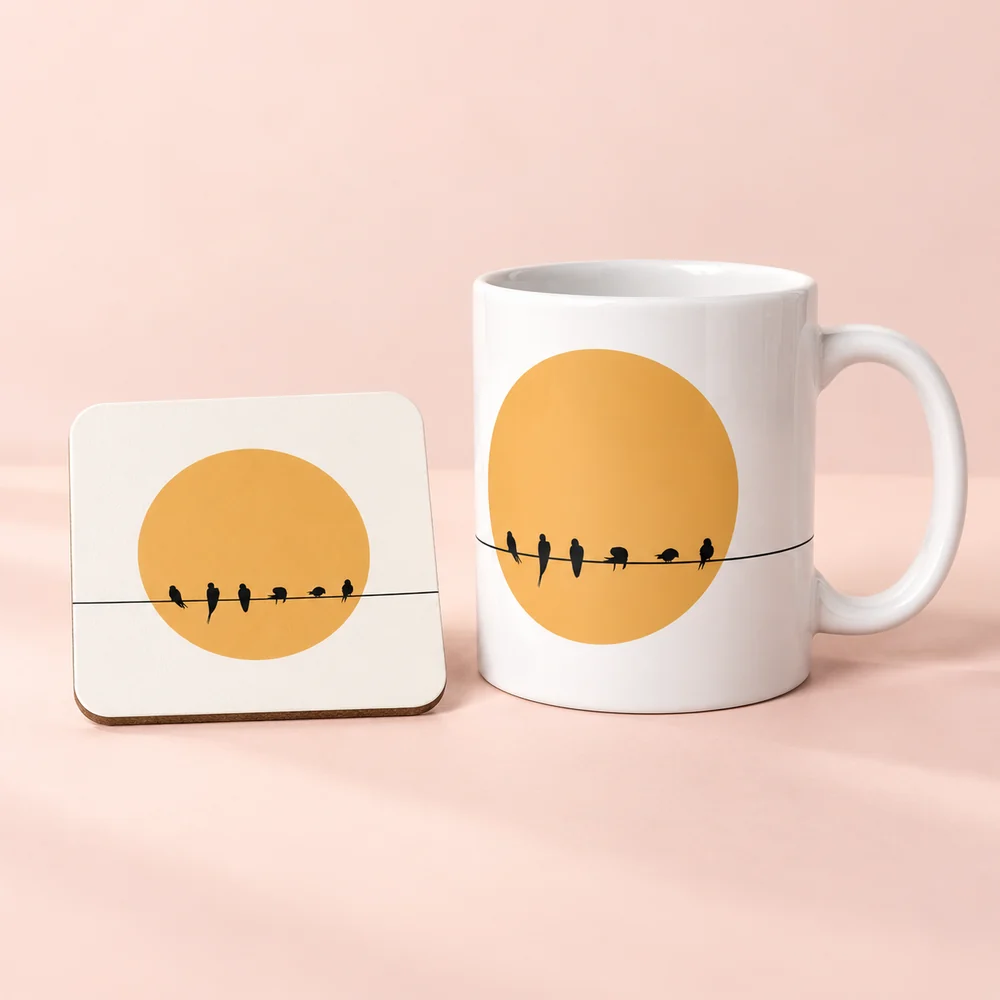 A bird-on-a-wire mug and matching coaster for a bird-loving friend